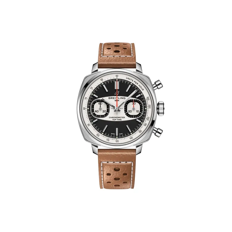 百年靈Top Time Racing限量版，38mm，精鋼錶殼，黑色錶盤搭配白色計時小錶盤，棕色賽車風格小牛皮錶帶，百年靈自製01型機芯，動力儲存70小時，防水深度100米，22萬8000元。品牌提供