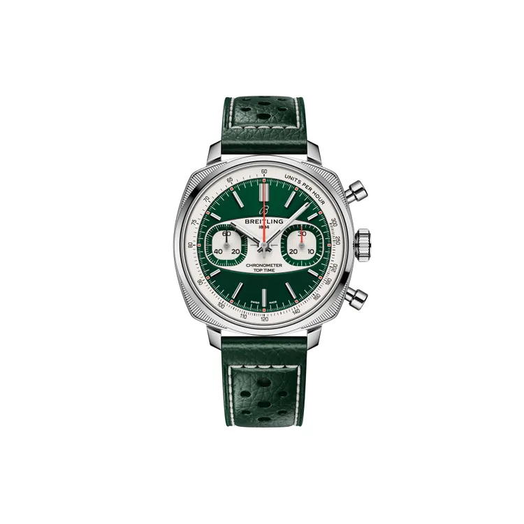 百年靈Top Time Racing限量版，38mm，精鋼錶殼，綠色錶盤搭配白色計時小錶盤，綠色賽車風格小牛皮錶帶，百年靈自製01型機芯，動力儲存70小時，防水深度100米，22萬8000元。品牌提供