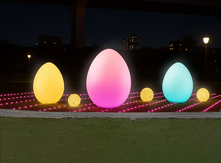 「幻影泡泡」由多顆不倒翁型發亮球體組成，輕碰即會變色，成為展區內可愛又迷人的風景。高灘處提供