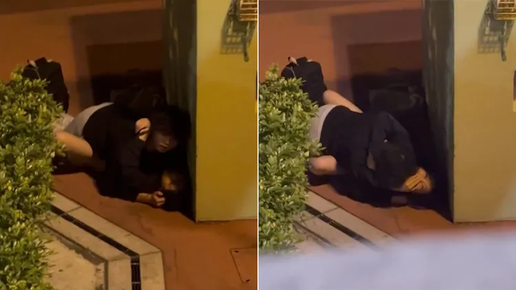 年輕男女發現活春宮被目擊，男子羞得不敢露臉，女生則大方與目擊者們互動。翻攝自threads