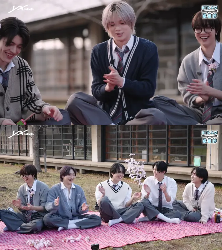 &TEAM公開「柔道部」影片，K（上圖中）玩遊戲突然大喊中文「大家好」，王奕翔（下圖中）拍手大笑。翻攝YouTube