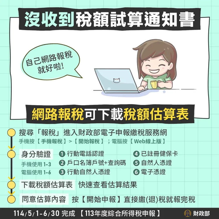 稅額試算服務是由國稅局篩選符合一定條件者，主動試算稅額並提供試算內容給納稅義務人的一種報稅方式，所以不是每年都有、也不是每個人都有喔。財政部官方臉書
