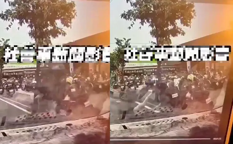 67歲何婦穿越馬路，轎車雖禮讓，但機車沒看到她迎面撞上。取自社會事新聞影音