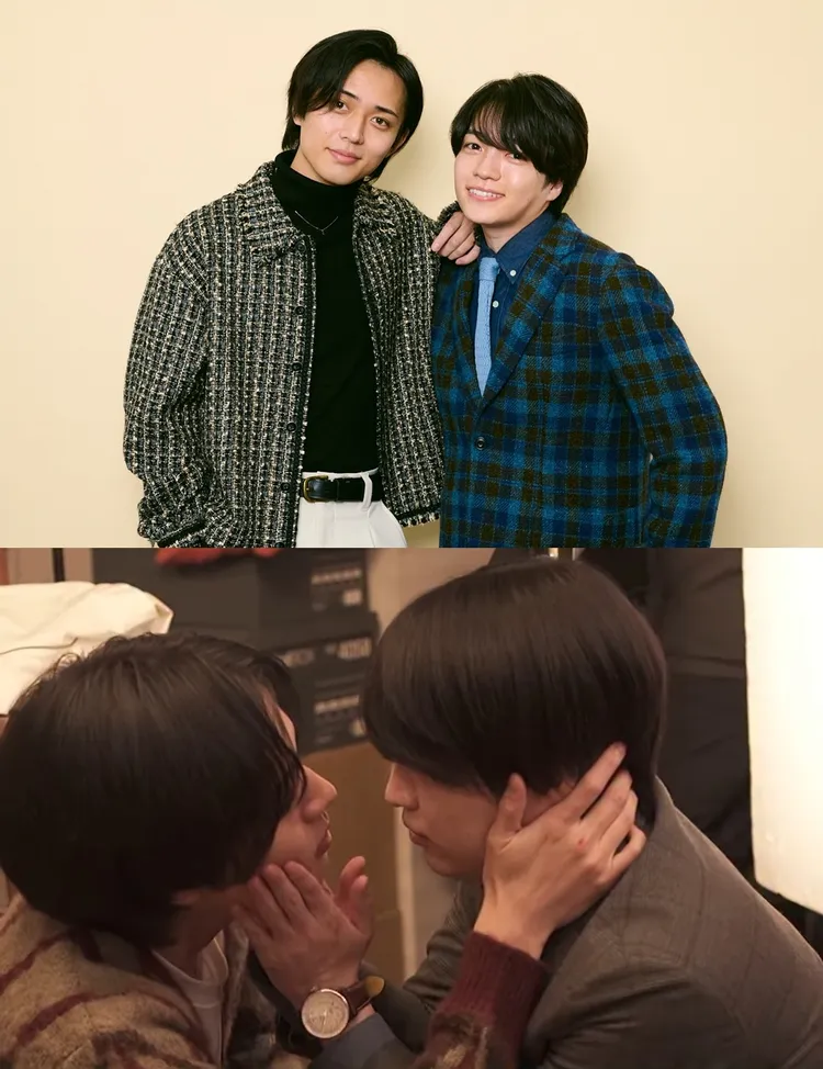 永瀬廉（上圖左）劇中向西畑大吾示範親吻快親上，他笑說2人看到成果都覺得「太好了，沒有不小心親下去」。翻攝官方X