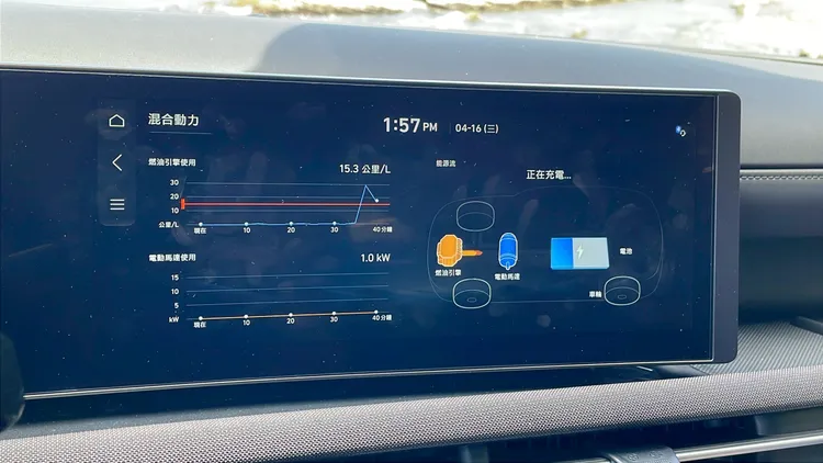 渦輪油電車型還配備了能量流動畫面，行進間能即時看到動能回收與電能輸出狀態。林浩昇攝