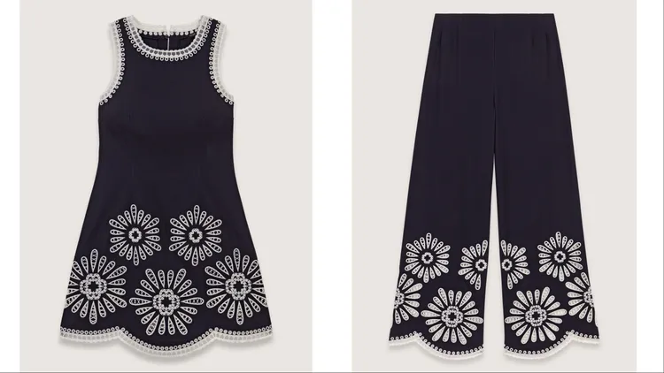 Maje鉤編短洋裝（左）1萬2990元、Maje鉤編長褲（右）1萬290元。品牌提供