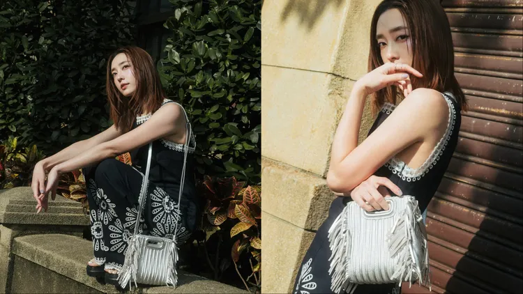 席惟倫以maje鉤編套裝配上金屬色的M Mini Bag。翻攝席惟倫IG