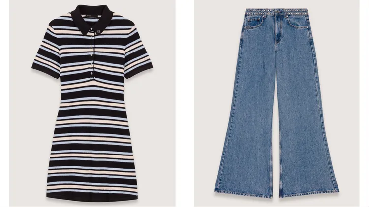Maje條紋針織Polo衫裙（左）8590元、Maje鉚釘喇叭牛仔褲（右）1萬790元。品牌提供