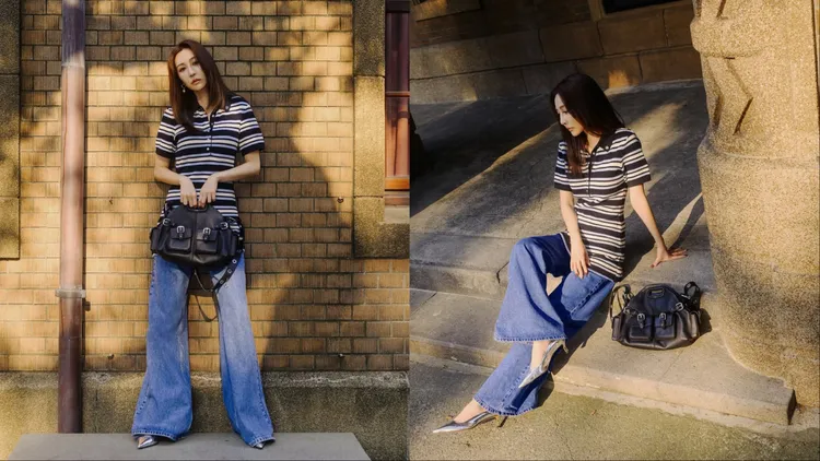 曾莞婷將條紋針織Polo衫裙疊搭鉚釘喇叭牛仔褲子，造型相當減齡。翻攝曾莞婷IG