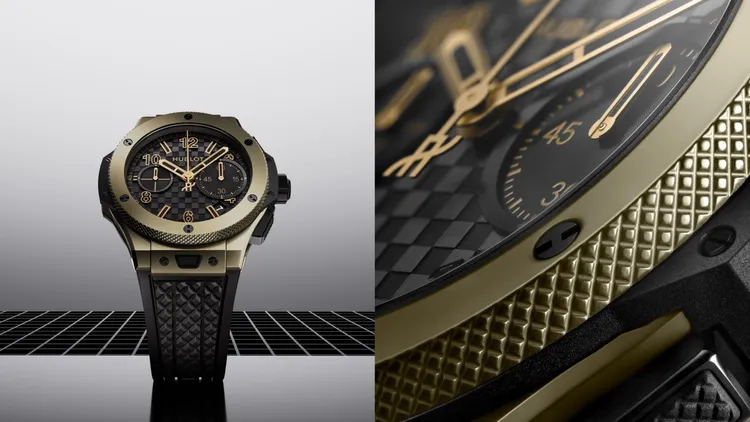 HUBLOT Big Bang系列20周年UNICO限量版，43mm，拋光魔力金錶殼，碳纖維立體浮雕紋理面盤，黑色立體橡膠錶帶，UNICO自動上鍊飛返計時機芯，動力儲存72小時，防水深度100米，125萬3000元，限量100只。品牌提供