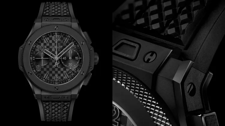 HUBLOT Big Bang系列20周年UNICO限量版，43mm，微珠噴砂與拋光黑色陶瓷錶殼，碳纖維立體浮雕紋理面盤，黑色立體橡膠錶帶，UNICO自動上鍊飛返計時機芯，動力儲存72小時，防水深度100米，77萬8000元，限量500只。品牌提供