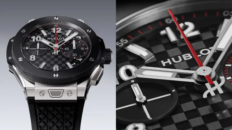 HUBLOT Big Bang系列20周年UNICO限量版，43mm，拋光緞面鈦金屬錶殼，碳纖維立體浮雕紋理面盤，黑色立體橡膠錶帶，UNICO自動上鍊飛返計時機芯，動力儲存72小時，防水深度100米，64萬2000元，限量500只。品牌提供