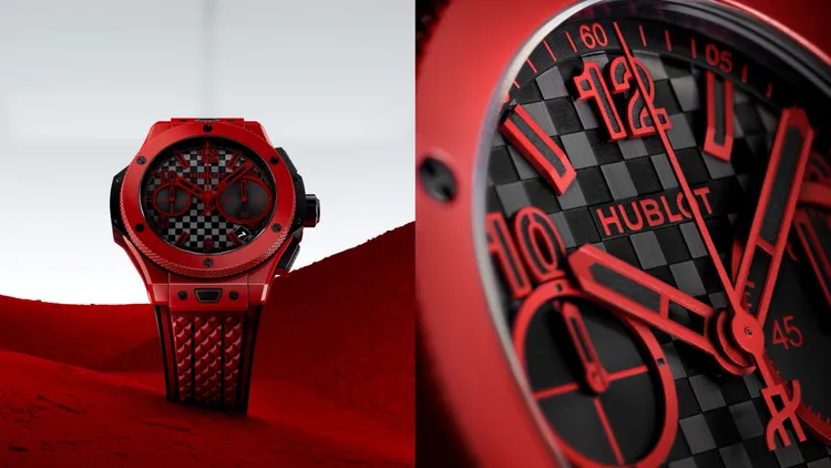 HUBLOT Big Bang系列20周年UNICO限量版，43mm，拋光紅陶瓷錶殼，碳纖維立體浮雕紋理面盤，紅黑雙色立體橡膠錶帶，UNICO自動上鍊飛返計時機芯，動力儲存72小時，防水深度100米，98萬2000元，限量100只。品牌提供