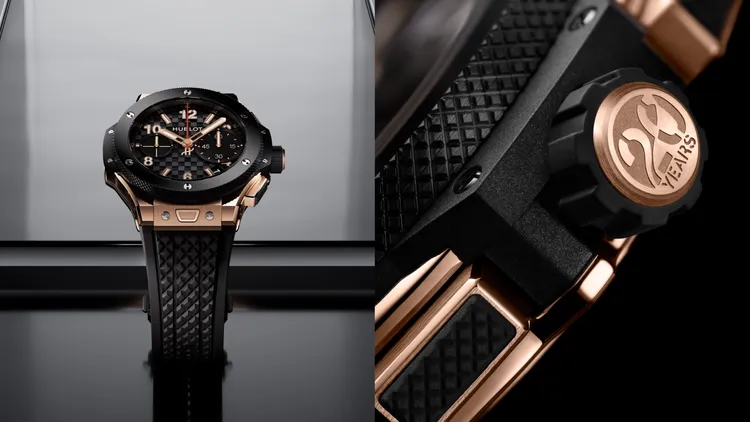 HUBLOT Big Bang系列20周年UNICO限量版，43mm，18K皇金錶殼，碳纖維立體浮雕紋理面盤，黑色立體橡膠錶帶，UNICO自動上鍊飛返計時機芯，動力儲存72小時，防水深度100米，118萬5000元，限量250只。品牌提供
