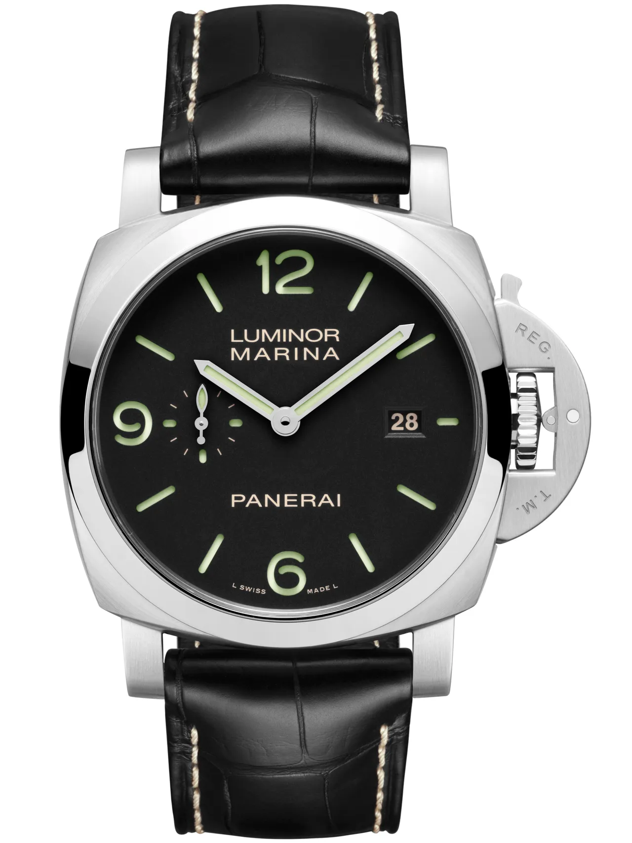 沛納海Luminor Marina Collection(PAM03312),44mm,用磨砂AISI 316LVM級1.4441精鋼錶殼,黑色霧面三明治錶盤,黑色鱷魚皮錶帶搭配淡褐色縫線,P.980自動上鍊機械機芯,動力儲存3日,防水深度500米,26萬9000元。品牌提供