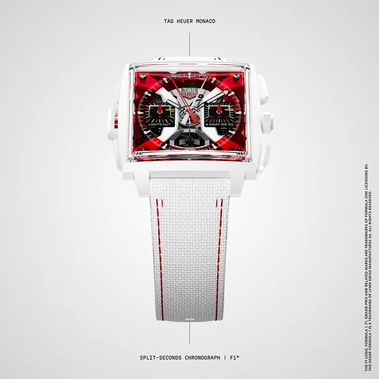 泰格豪雅Monaco雙追針計時腕錶F1限量版，522萬元。品牌提供
