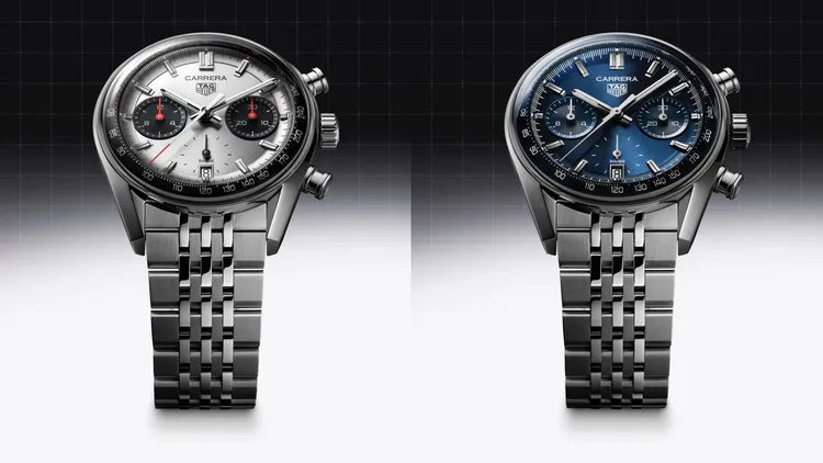 泰格豪雅Carrera計時腕錶搭配七珠鍊帶，各22萬7100元。品牌提供