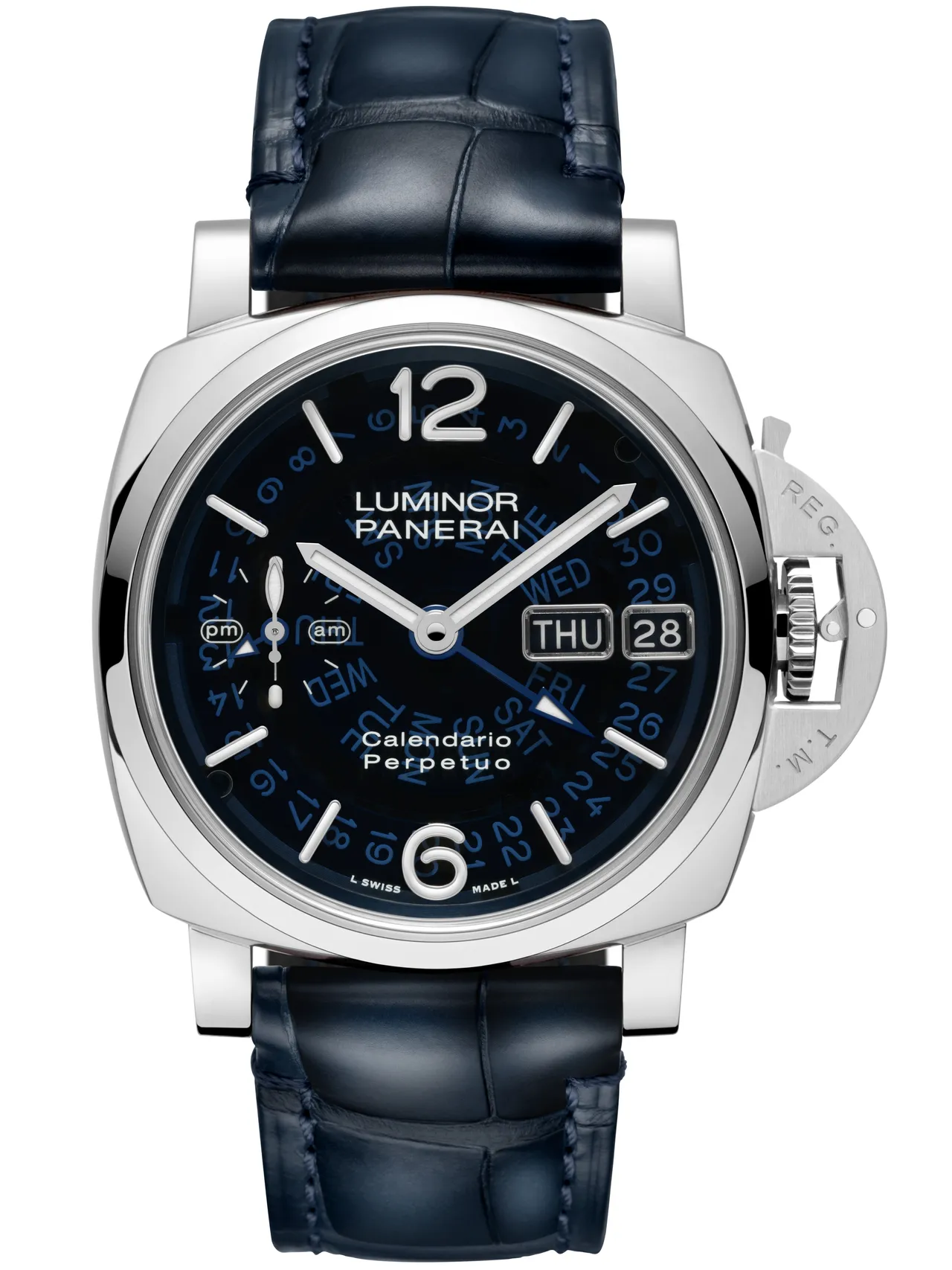 沛納海Luminor萬年曆兩地時間鉑金腕錶(PAM01575),44mm,拋光打磨沛納海Platinumtech錶殼,藍寶石水晶玻璃錶盤,深藍色手工復古仿舊鱷魚皮錶帶,P.4100 自動上鍊機芯,動力儲存3日,防水深度50米,233萬6000元。品牌提供