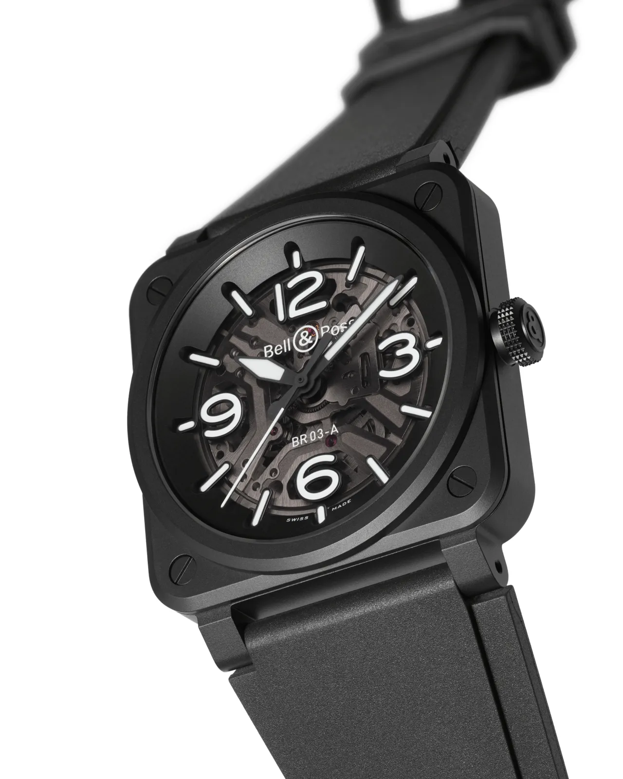 Bell & Ross BR-03 Skeleton概念錶款,41mm,黑色陶瓷錶殼,透明煙燻板錶盤,黑色橡膠與超強韌黑色合成織布錶帶,BR-CAL.328自動機械機芯,動力儲存54小時,防水深度100米,21萬2000元。品牌提供