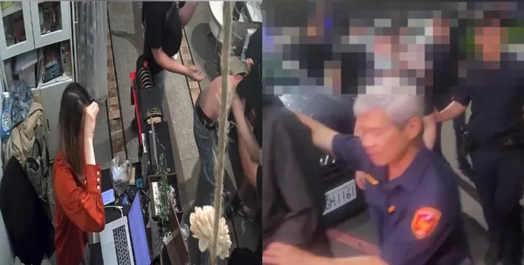 洪男在店內被眾人圍毆，嚇得女店員花容失色，警方獲報後循線逮到6人送辦。民眾提供、合成照