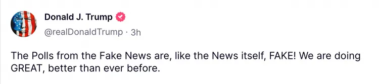 他在社群平台上抨擊媒體公布的都是假民調。翻攝Truth Social