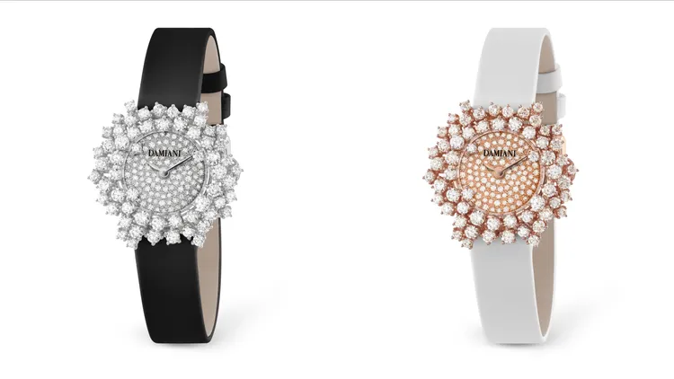 DAMIANI Mimosa含羞草鑽錶密鑲鑽石錶盤款，18K白金錶殼108萬元、玫瑰金錶殼123萬元。品牌提供