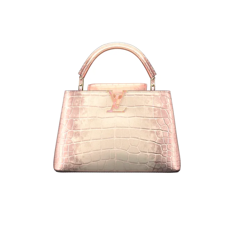 Capucines BB撒哈拉金屬玫瑰金鱷魚皮包款，144萬元。品牌提供
