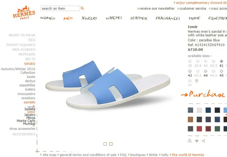 愛馬仕的男款涼鞋Izmir也曾掀起話題。翻攝自愛馬仕官網