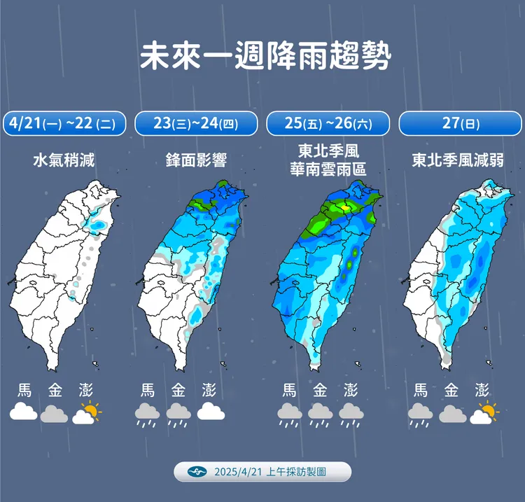 一週（4月21日至27日）降雨趨勢。中央氣象署提供