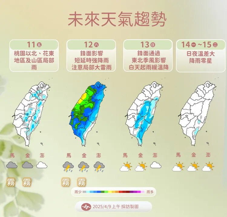 未來（4月11日至15日）降雨預報。中央氣象署提供