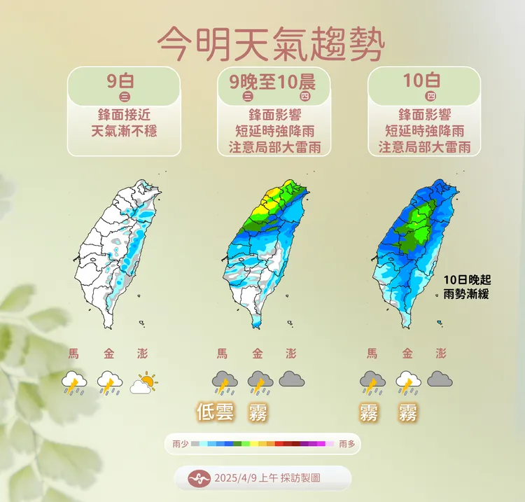 4月9日至10日天氣趨勢。中央氣象署提供