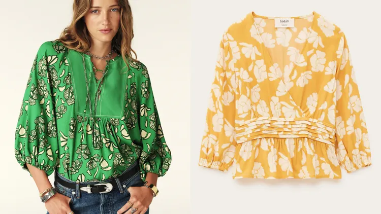 ba&sh AURA蝶戀蘭香印花上衣（左）、AZZR蝶戀蘭香印花上衣（右），各8290元。品牌提供