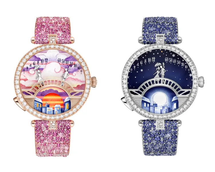 梵克雅寶Pont des Amoureux系列Soirée腕錶（左，玫瑰金、鑽石、粉紅色藍寶石、琺瑯、自動上鍊機械機芯,配備雙逆跳及自主動態功能）、Lune腕錶（右，白K金、鑽石、藍寶石、琺瑯、自動上鍊機械機芯,配備雙逆跳及自主動態功能）。品牌提供