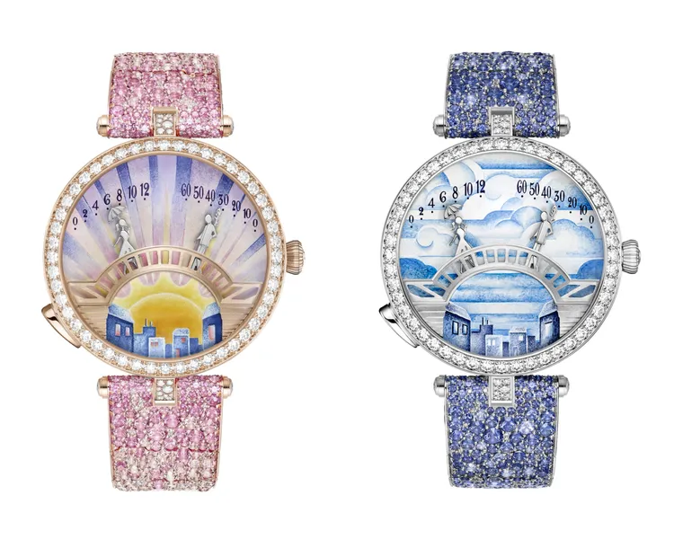 梵克雅寶Pont des Amoureux系列Abue腕錶（左，玫瑰金、鑽石、粉紅色藍寶石、琺瑯、自動上鍊機械機芯,配備雙逆跳及自主動態功能）、Matinée腕錶（右，白K金、鑽石、藍寶石、琺瑯、自動上鍊機械機芯,配備雙逆跳及自主動態功能）。品牌提供