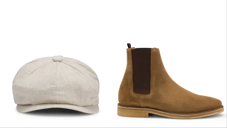 BECKHAM x BOSS系列米色亞麻報童帽（左）3500元、駝色麂皮切爾西短靴（右）1萬5400元。品牌提供