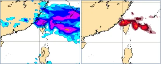 最新（2日20時）歐洲模式（ECMWF）下週三（9）上午8時地面氣壓及降水模擬圖（左）顯示台灣附近有明顯降水；同時，閃電密度（前6小時）模擬圖（右）可見中部以北有雷雨發生機率。氣象應用推廣基金會