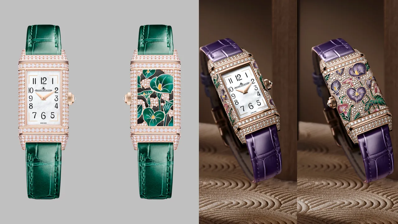 積家翻轉系列珍稀花卉腕錶,綠色海芋款(左)376萬元、紫色海芋款(右)489萬元,各限量10只。品牌提供