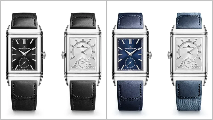 積家翻轉系列雙面雙時區小秒針腕，各43萬6000元。品牌提供