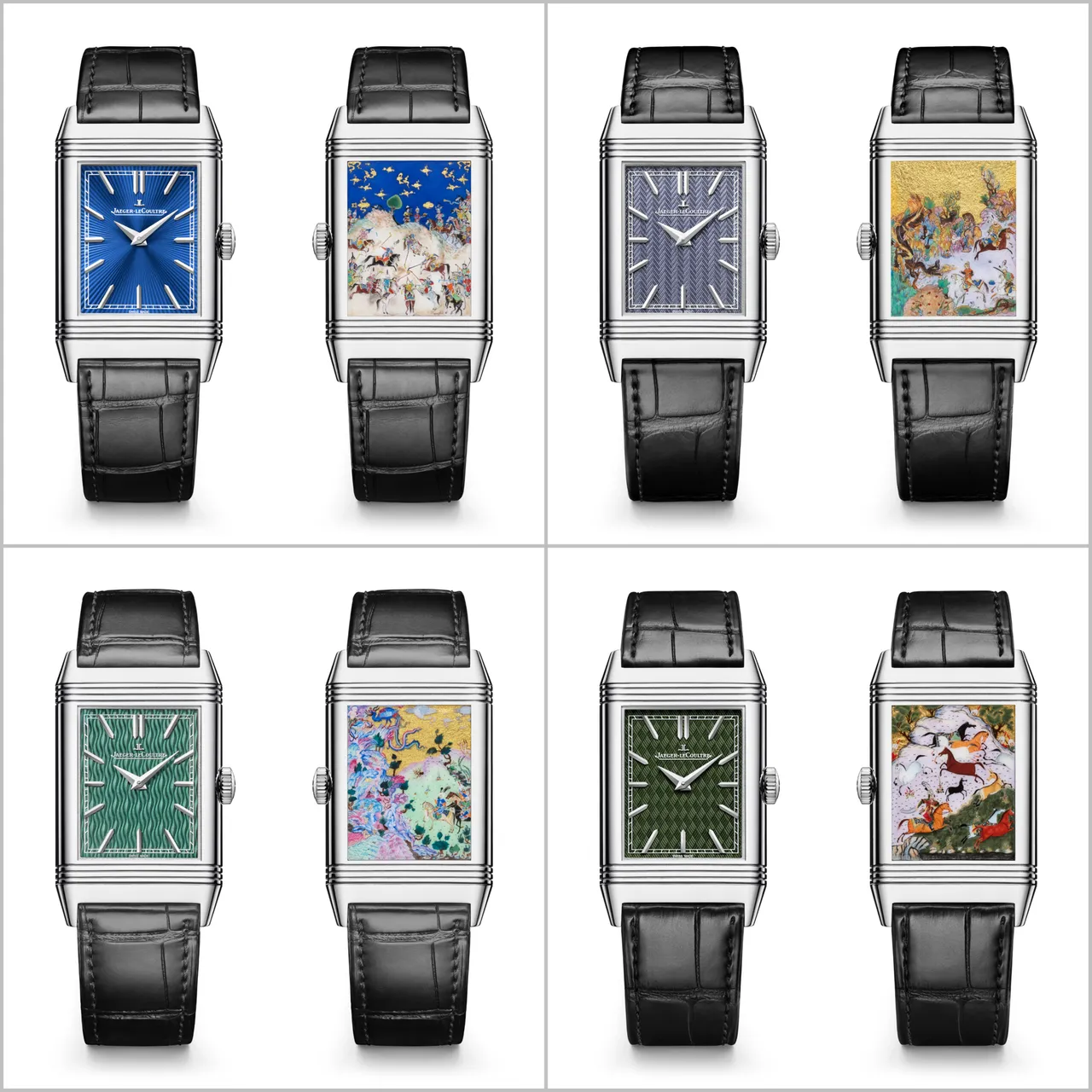 積家翻轉系列琺瑯腕錶《列王紀》特別版,薩巫什與阿弗拉西卜打馬球(左上)、費里頓考驗三子(右上)、薩曼登上厄爾布林士山(左下)、魯斯塔姆追擊惡魔阿克萬(右下),各限量10只,489萬元。品牌提供