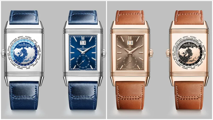 積家翻轉系列地理學家腕錶，精鋼款（左）68萬元、玫瑰金款（右）112萬元。品牌提供