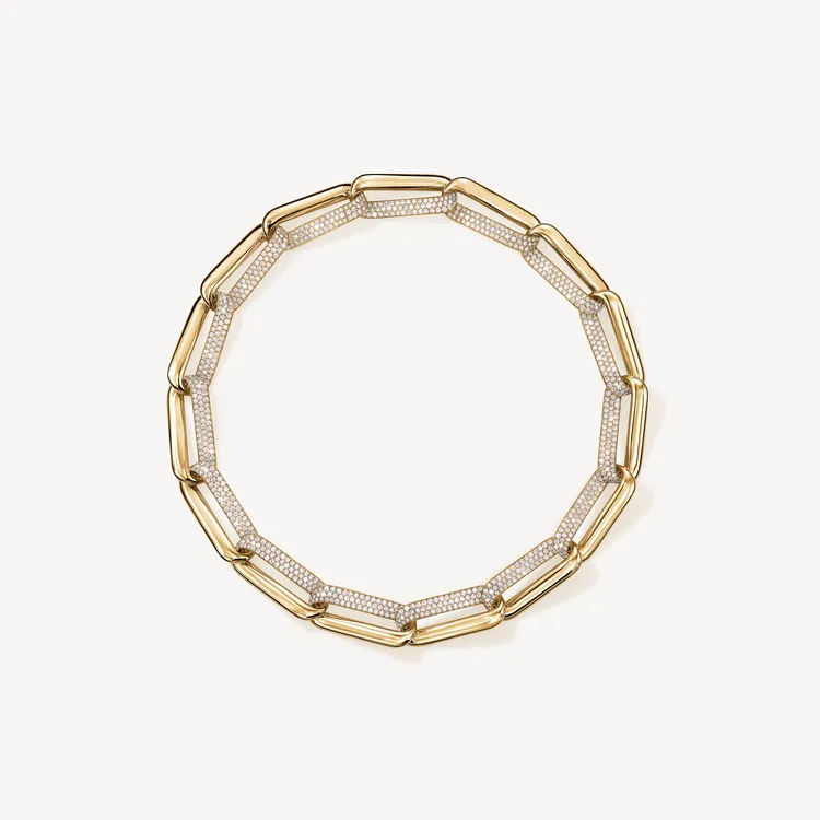 Hearts On Fire INSIDE／OUT系列中單價最高的Link黃K金鑽石項鍊，鑽石總重約19.30克拉，223萬8000元。品牌提供