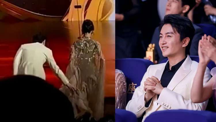 陳曉和劉亦菲坐在一起，上台時陳曉幫劉亦菲提裙襬。翻攝天仙顏究所微博、影視獨舌微博