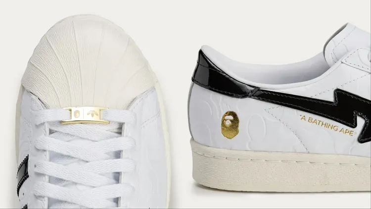 「SSTR V BAPE」延續經典貝殼頭，鞋側則以金箔Ape Head猿人頭像點綴。品牌提供