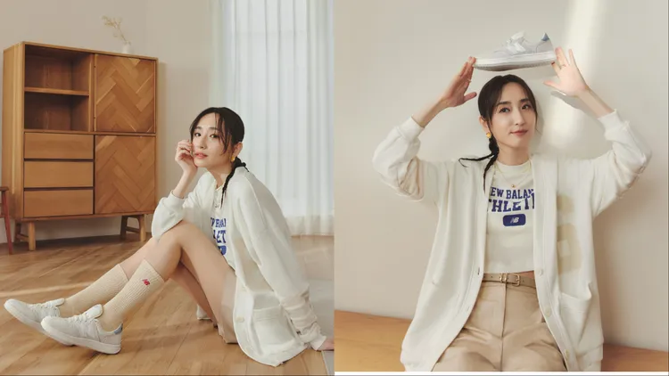 柯佳嬿以米色開襟外套、短版LOGO上衣搭配灰白色T500鞋款。品牌提供