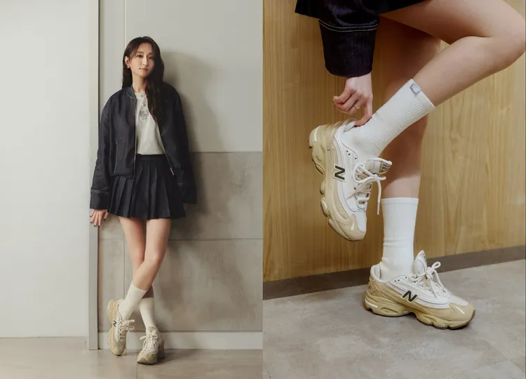 柯佳嬿以深色牛仔套裝配上帶有復古未來感的米黃色1000跑鞋。品牌提供