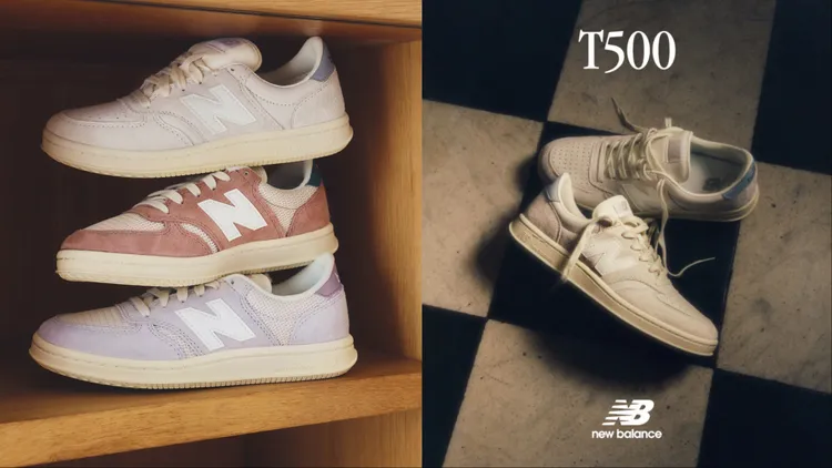 New Balance T500採用豬皮絨面革與反毛皮鞋面搭配透氣打孔鞋頭。品牌提供