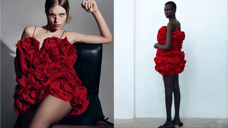 短洋裝運用布料打造出層層疊疊的玫瑰花叢。品牌提供