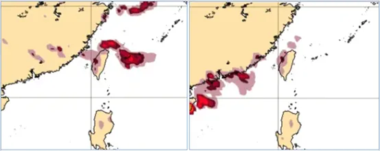 最新（6日20時）歐洲模式（ECMWF）週四（10）下午14時閃電密度（前6小時累加）模擬圖（左），以及週六（12）晚間20時閃電密度（前6小時累加）模擬則圖（右）均顯示，台灣附近有閃電發生機率。氣象應用推廣基金會