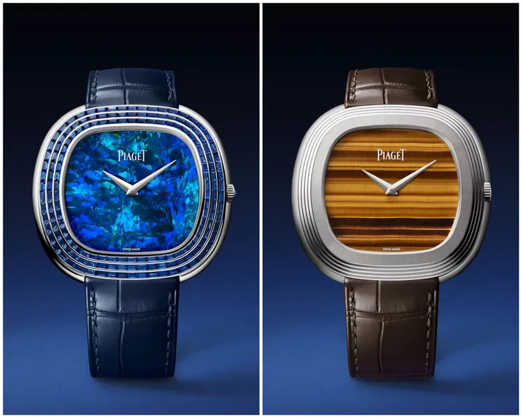 伯爵Andy Warhol系列18K白金黑蛋白石面盤藍寶石自動上鍊腕錶（左圖）、18K白金虎眼石面盤自動上鍊腕錶（右圖）。品牌提供