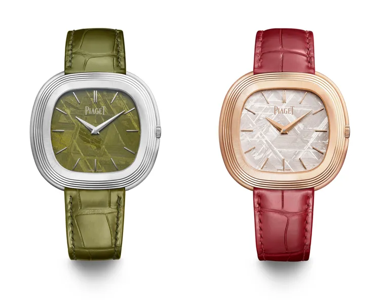 伯爵Andy Warhol系列18K白金綠色隕石面盤自動上鍊腕錶（左圖）、18K玫瑰金白色隕石面盤自動上鍊腕錶（右圖）。品牌提供